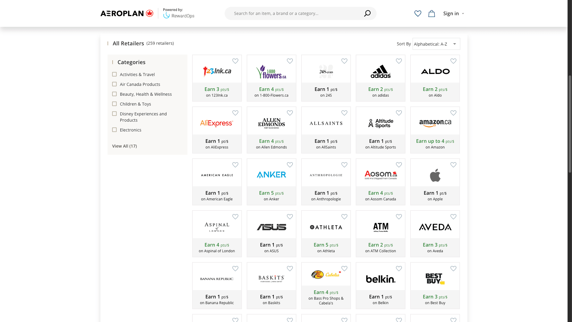 Aeroplan eStore - Retailers Listing