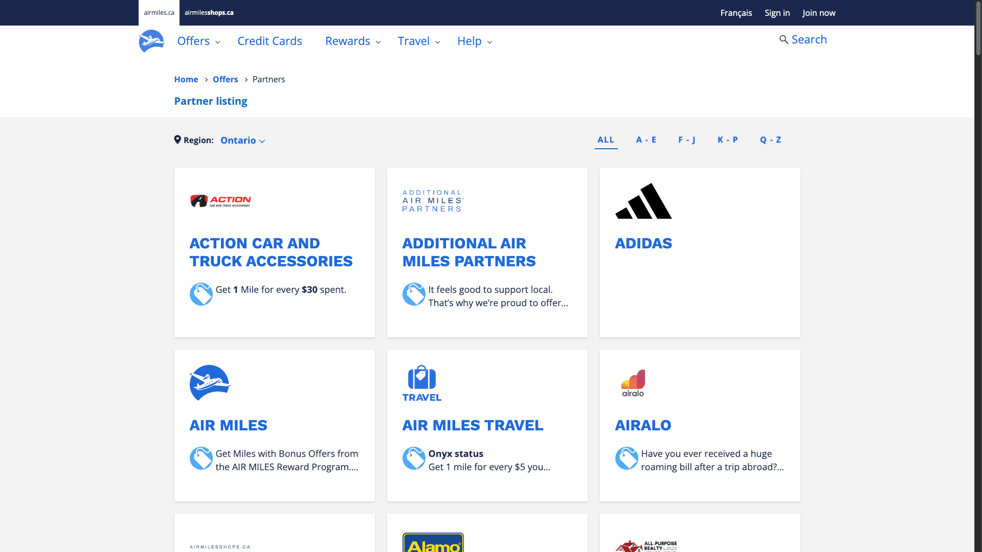 Air Miles Landing Portal, Partner Finder