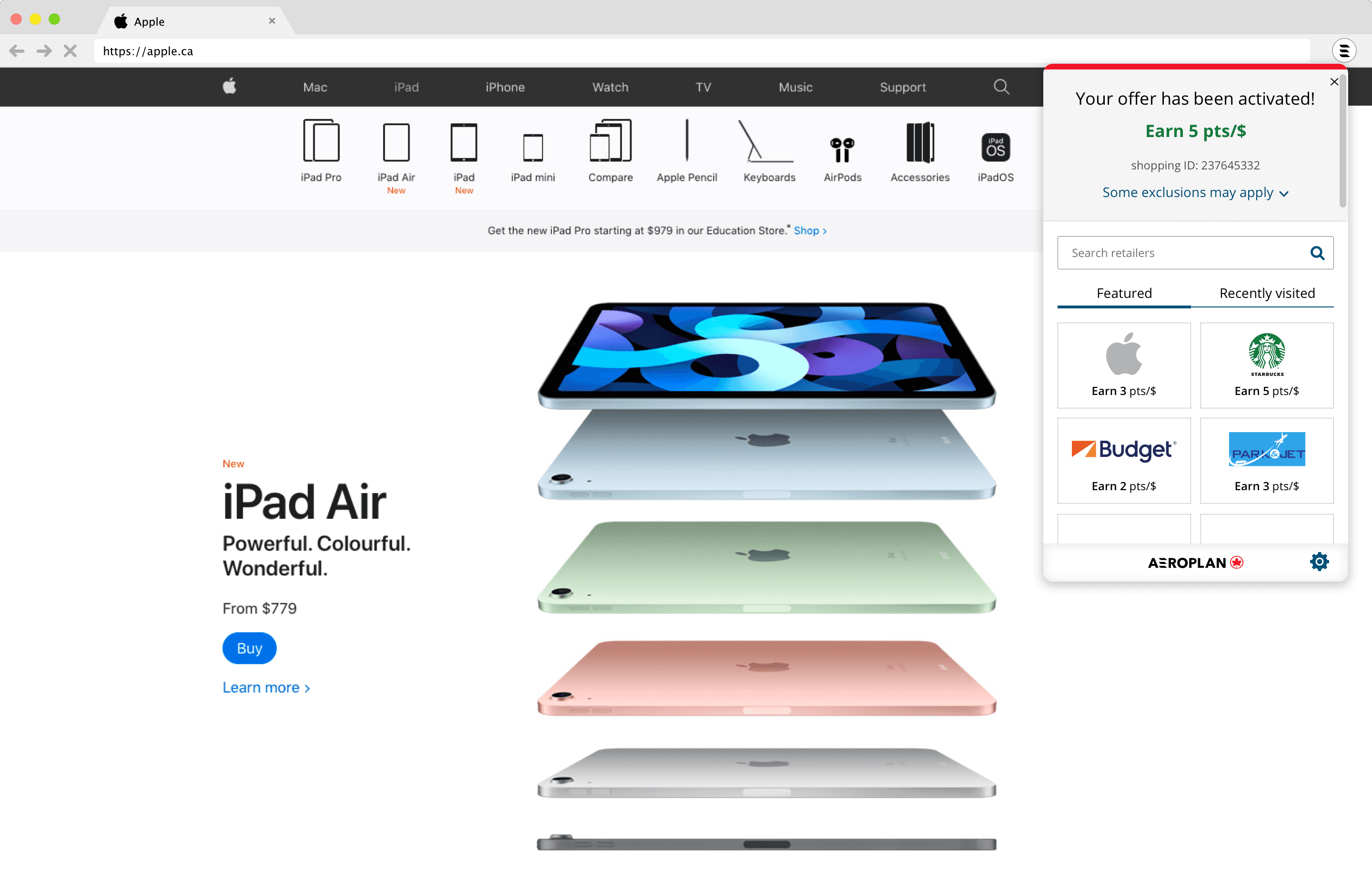Aeroplan Shopping Button — Offer Activated